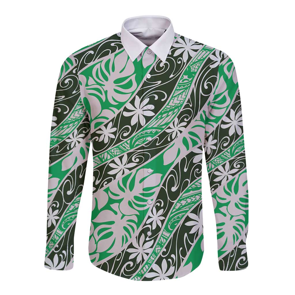 Matie Tahiti Tiare Monstera Long Sleeve Button Shirt Polynesian Pattern Curve Style - Polynesian Pride