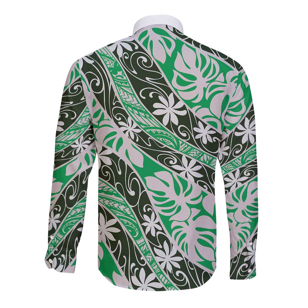 Matie Tahiti Tiare Monstera Long Sleeve Button Shirt Polynesian Pattern Curve Style - Polynesian Pride