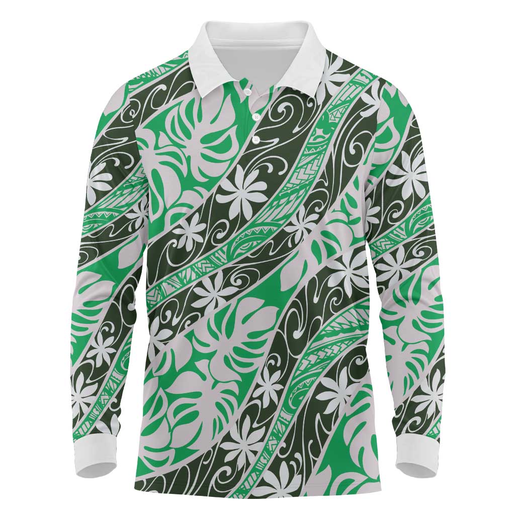 Matie Tahiti Tiare Monstera Long Sleeve Polo Shirt Polynesian Pattern Curve Style - Polynesian Pride