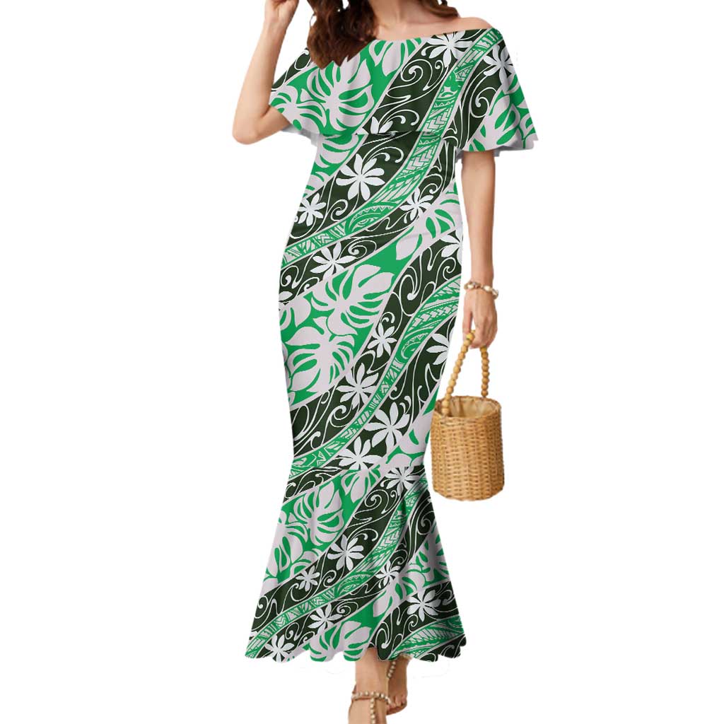 Matie Tahiti Tiare Monstera Mermaid Dress Polynesian Pattern Curve Style - Polynesian Pride