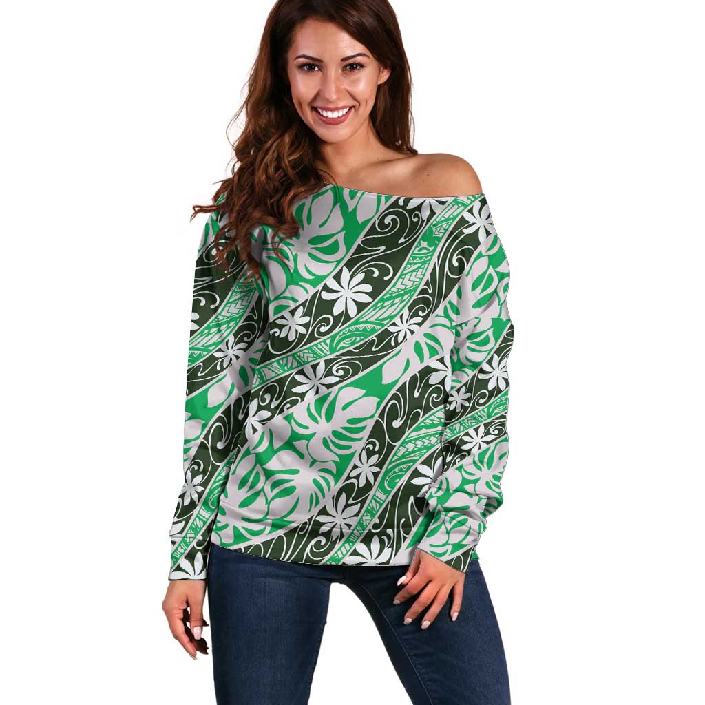 Matie Tahiti Tiare Monstera Off Shoulder Sweater Polynesian Pattern Curve Style - Polynesian Pride
