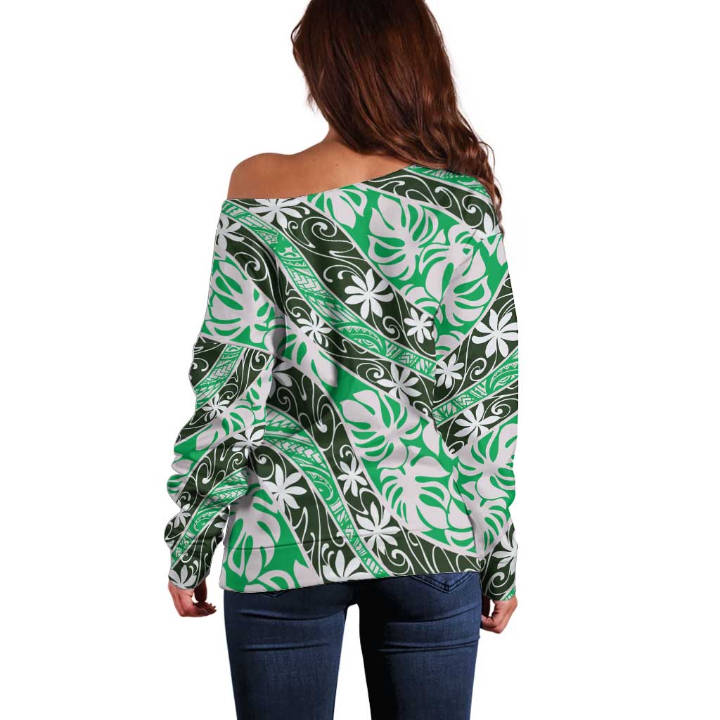 Matie Tahiti Tiare Monstera Off Shoulder Sweater Polynesian Pattern Curve Style - Polynesian Pride