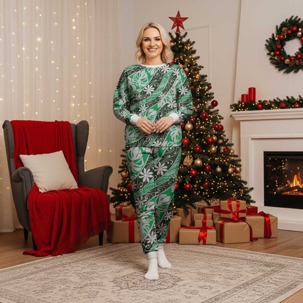 Matie Tahiti Tiare Monstera Christmas Pajama Set Polynesian Pattern Curve Style - Polynesian Pride