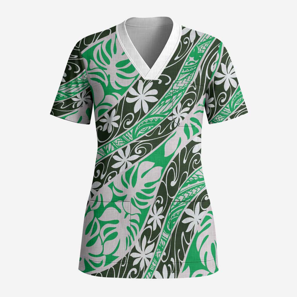 Matie Tahiti Tiare Monstera Scrub Top Polynesian Pattern Curve Style - Polynesian Pride