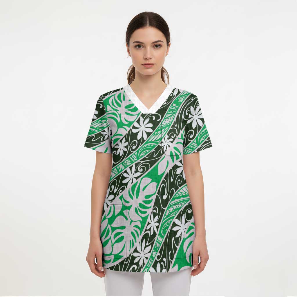Matie Tahiti Tiare Monstera Scrub Top Polynesian Pattern Curve Style - Polynesian Pride