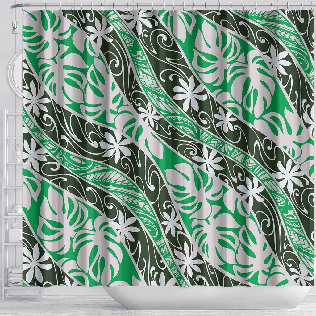 Matie Tahiti Tiare Monstera Shower Curtain Polynesian Pattern Curve Style - Polynesian Pride