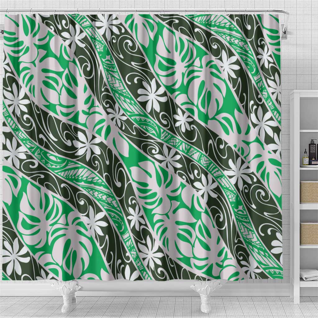 Matie Tahiti Tiare Monstera Shower Curtain Polynesian Pattern Curve Style - Polynesian Pride