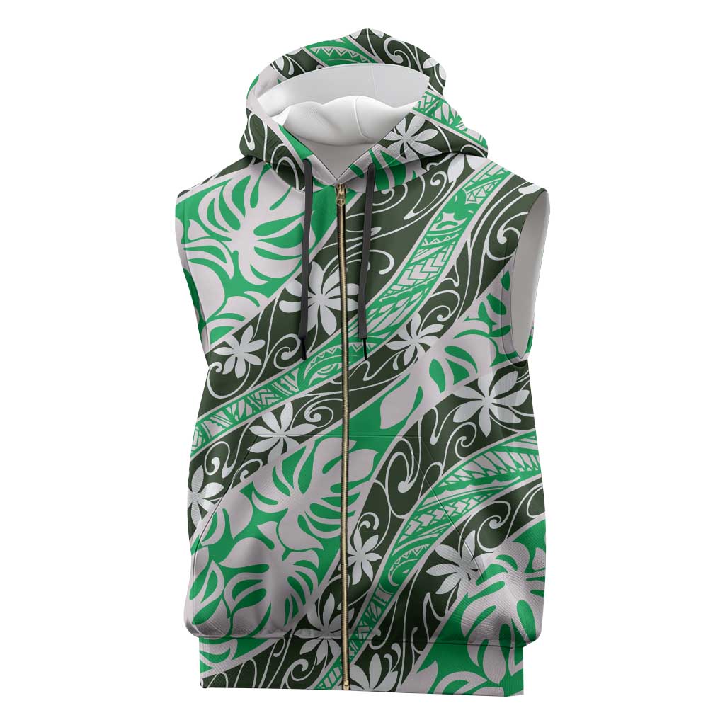 Matie Tahiti Tiare Monstera Sleeveless Zip Hoodie Polynesian Pattern Curve Style - Polynesian Pride
