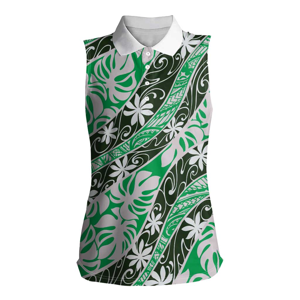 Matie Tahiti Tiare Monstera Women Sleeveless Polo Shirt Polynesian Pattern Curve Style - Polynesian Pride