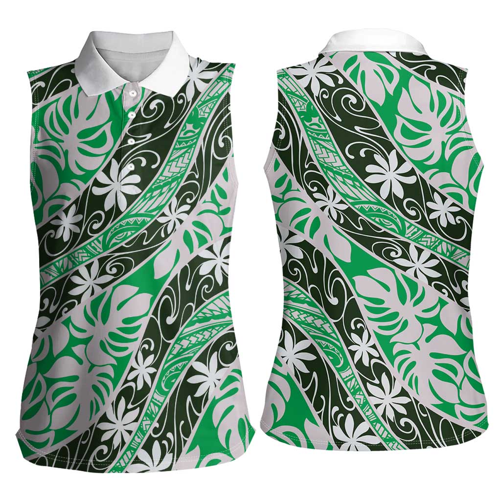 Matie Tahiti Tiare Monstera Women Sleeveless Polo Shirt Polynesian Pattern Curve Style - Polynesian Pride