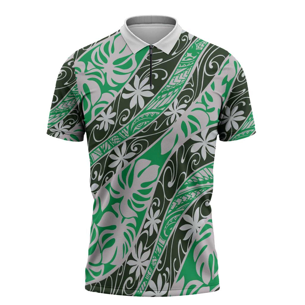 Matie Tahiti Tiare Monstera Zipper Polo Shirt Polynesian Pattern Curve Style - Polynesian Pride