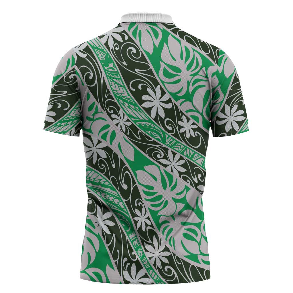 Matie Tahiti Tiare Monstera Zipper Polo Shirt Polynesian Pattern Curve Style - Polynesian Pride