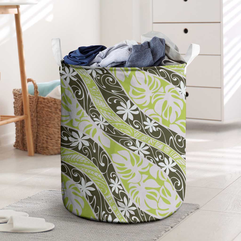 Olive Tahiti Tiare Monstera Laundry Basket Polynesian Pattern Curve Style - Polynesian Pride