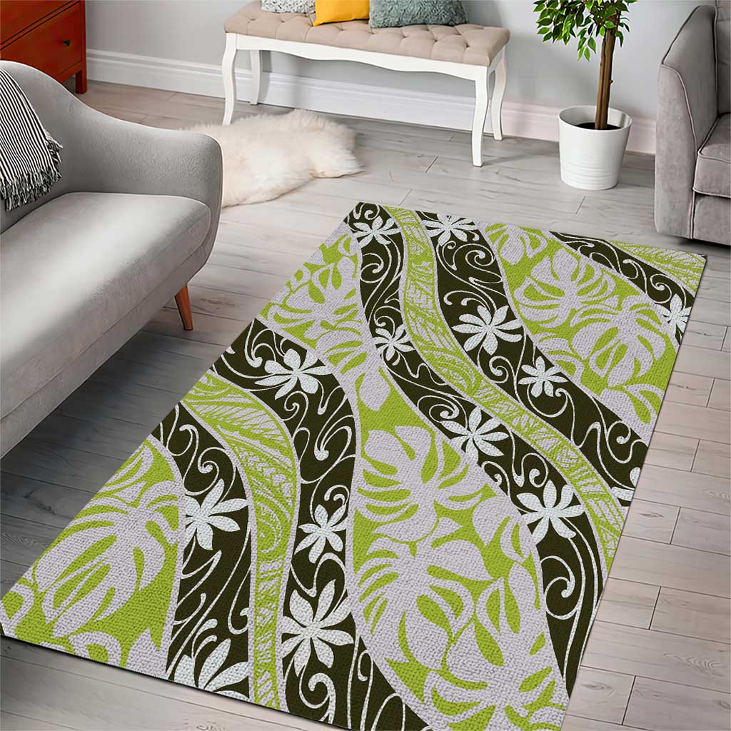 Olive Tahiti Tiare Monstera Area Rug Polynesian Pattern Curve Style - Polynesian Pride