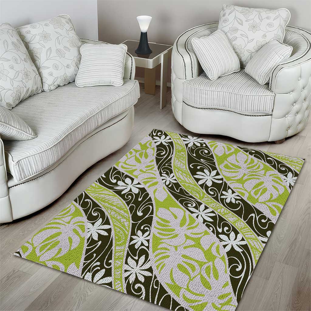 Olive Tahiti Tiare Monstera Area Rug Polynesian Pattern Curve Style - Polynesian Pride