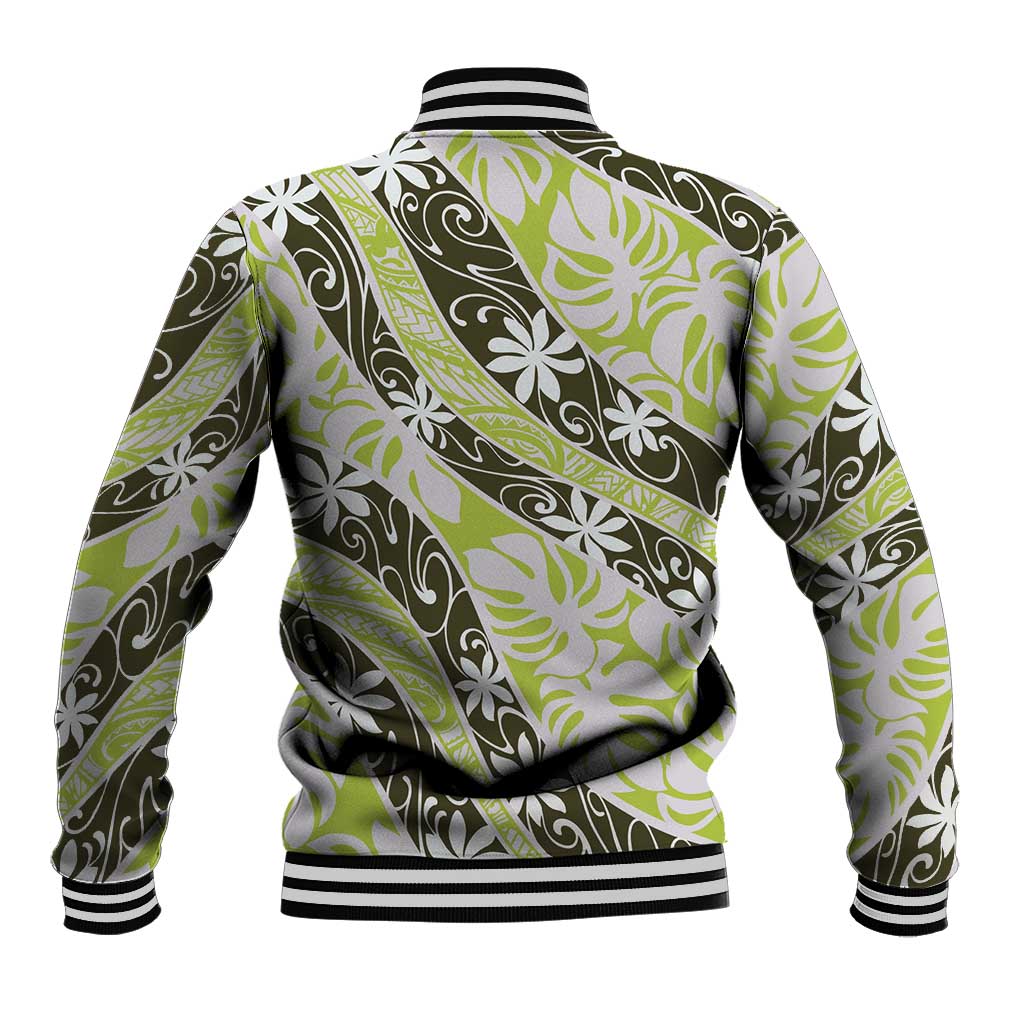 Olive Tahiti Tiare Monstera Baseball Jacket Polynesian Pattern Curve Style - Polynesian Pride