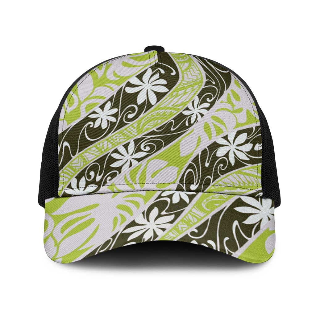 Olive Tahiti Tiare Monstera Baseball Net Cap Polynesian Pattern Curve Style - Polynesian Pride