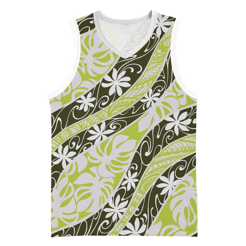 Olive Tahiti Tiare Monstera Basketball Jersey Polynesian Pattern Curve Style - Polynesian Pride