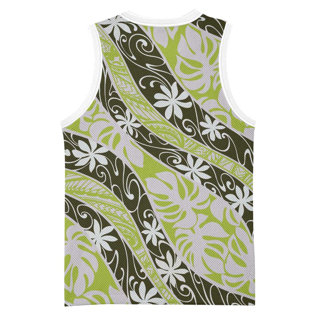 Olive Tahiti Tiare Monstera Basketball Jersey Polynesian Pattern Curve Style - Polynesian Pride