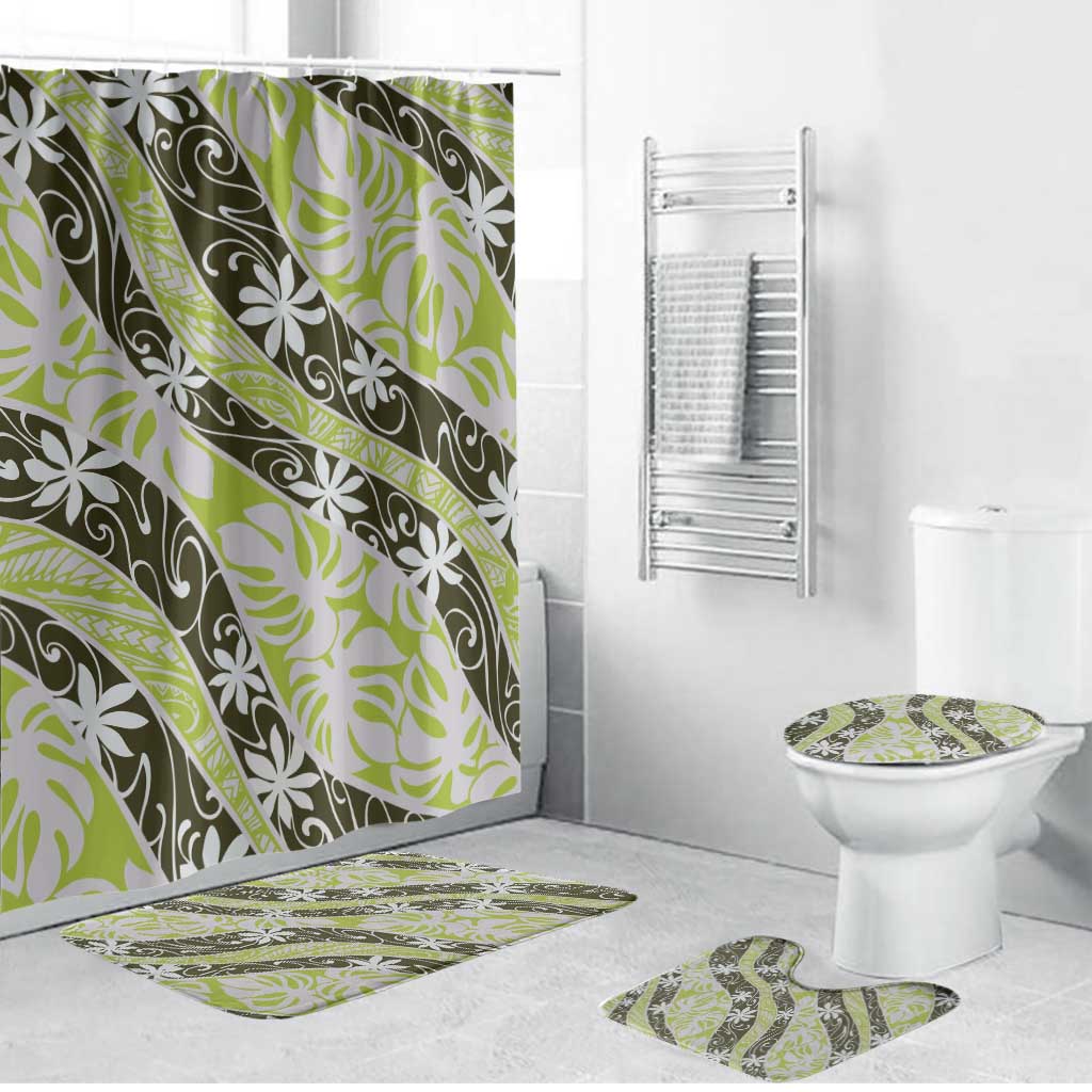Olive Tahiti Tiare Monstera Bathroom Set Polynesian Pattern Curve Style - Polynesian Pride