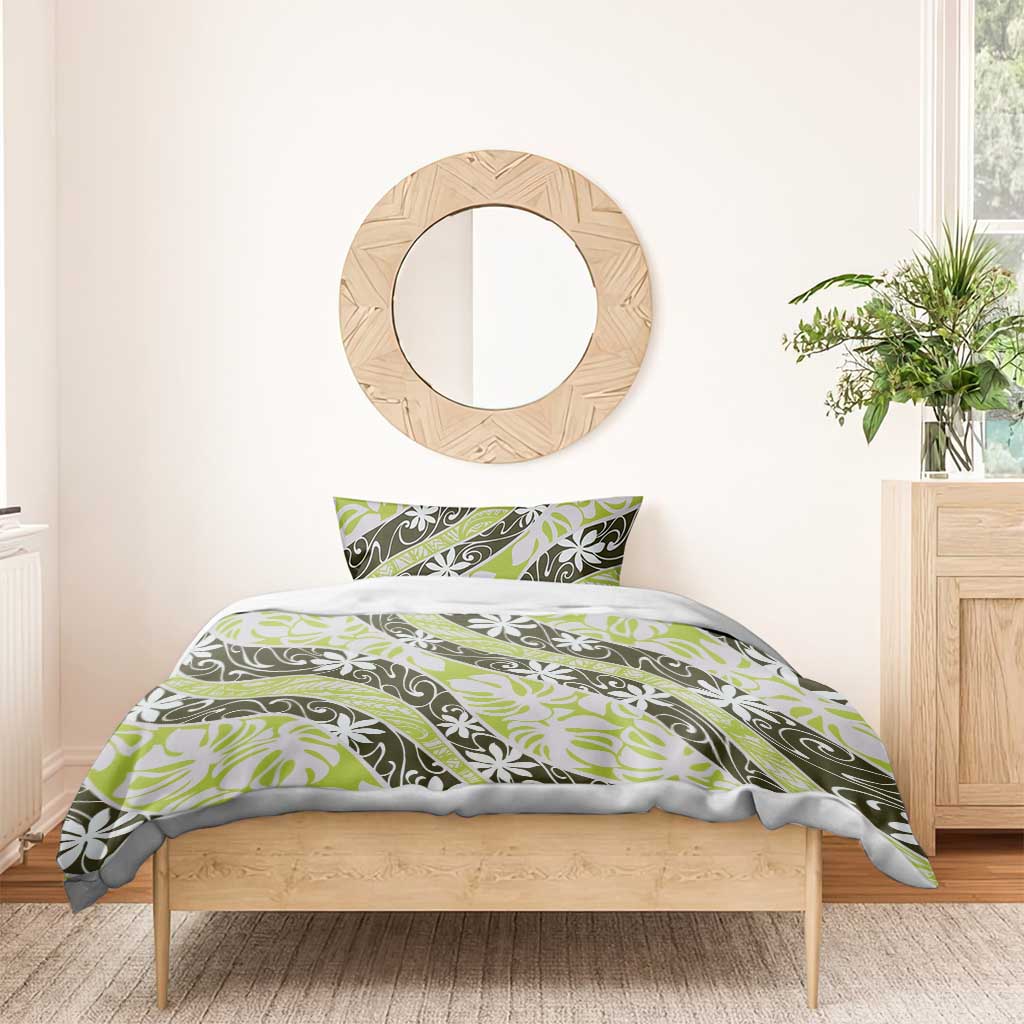 Olive Tahiti Tiare Monstera Bedding Set Polynesian Pattern Curve Style - Polynesian Pride