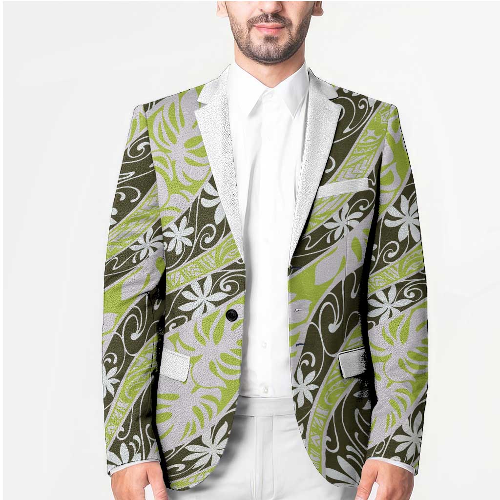 Olive Tahiti Tiare Monstera Blazer Polynesian Pattern Curve Style - Polynesian Pride
