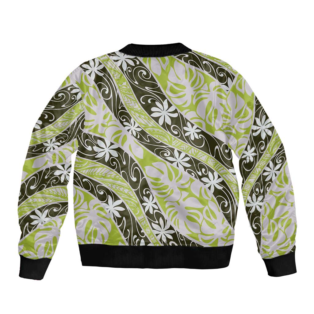 Olive Tahiti Tiare Monstera Bomber Jacket Polynesian Pattern Curve Style - Polynesian Pride