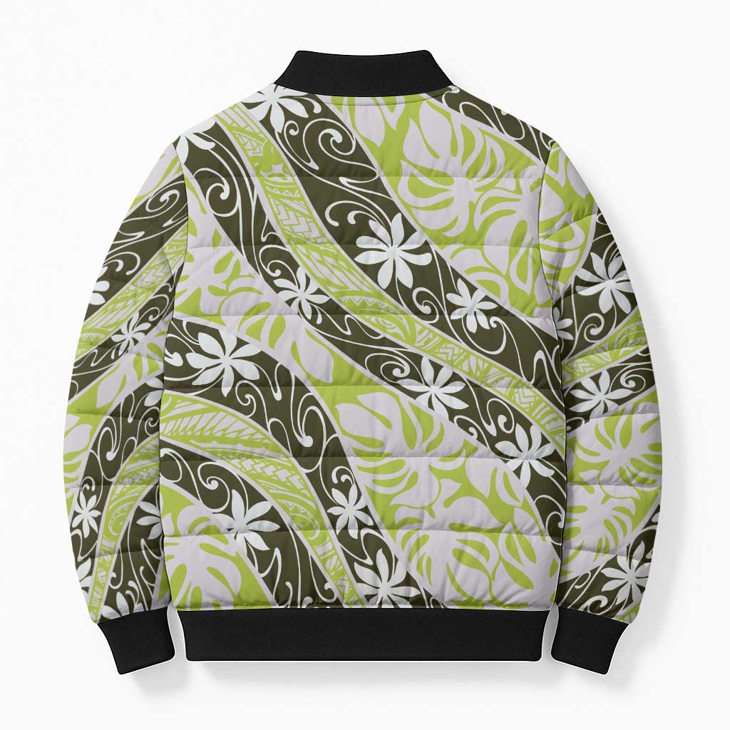 Olive Tahiti Tiare Monstera Bomber Puffer Jacket Polynesian Pattern Curve Style - Polynesian Pride