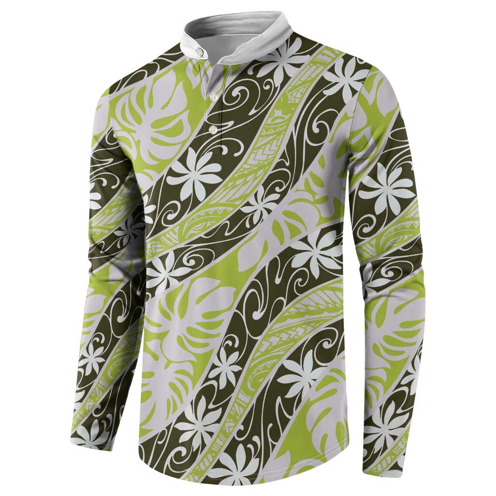 Olive Tahiti Tiare Monstera Button Sweatshirt Polynesian Pattern Curve Style - Polynesian Pride