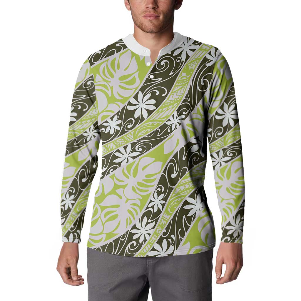 Olive Tahiti Tiare Monstera Button Sweatshirt Polynesian Pattern Curve Style - Polynesian Pride