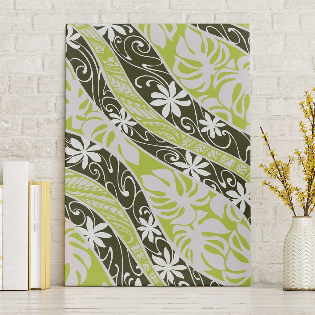 Olive Tahiti Tiare Monstera Canvas Wall Art Polynesian Pattern Curve Style - Polynesian Pride
