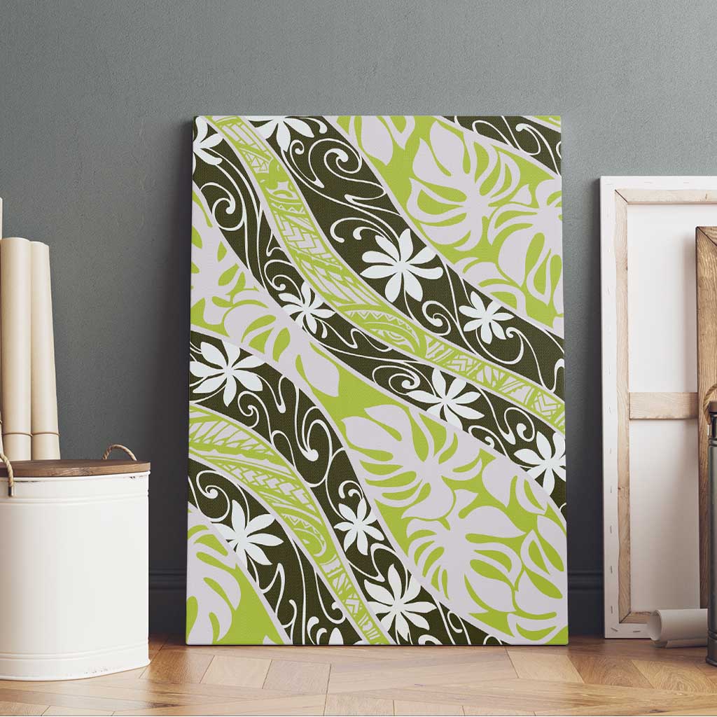 Olive Tahiti Tiare Monstera Canvas Wall Art Polynesian Pattern Curve Style - Polynesian Pride