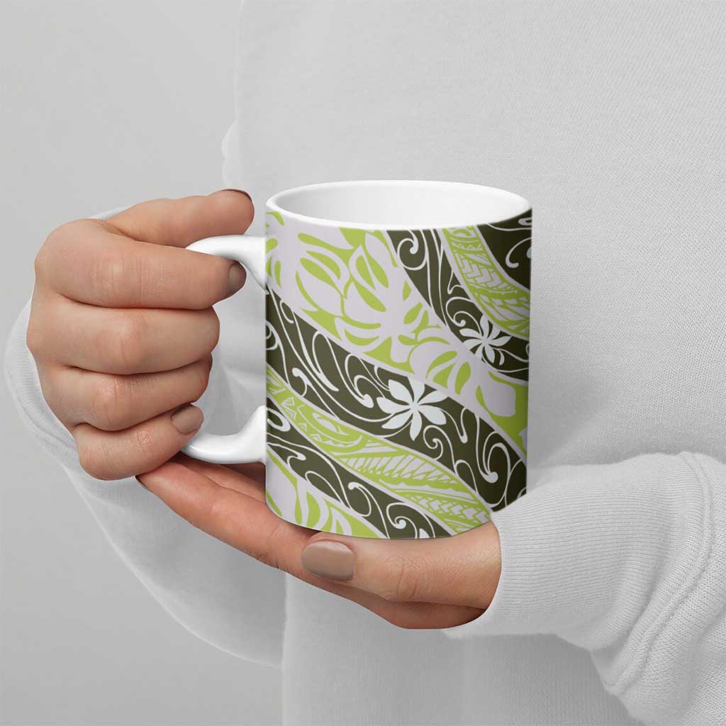 Olive Tahiti Tiare Monstera Ceramic Mug Polynesian Pattern Curve Style - Polynesian Pride
