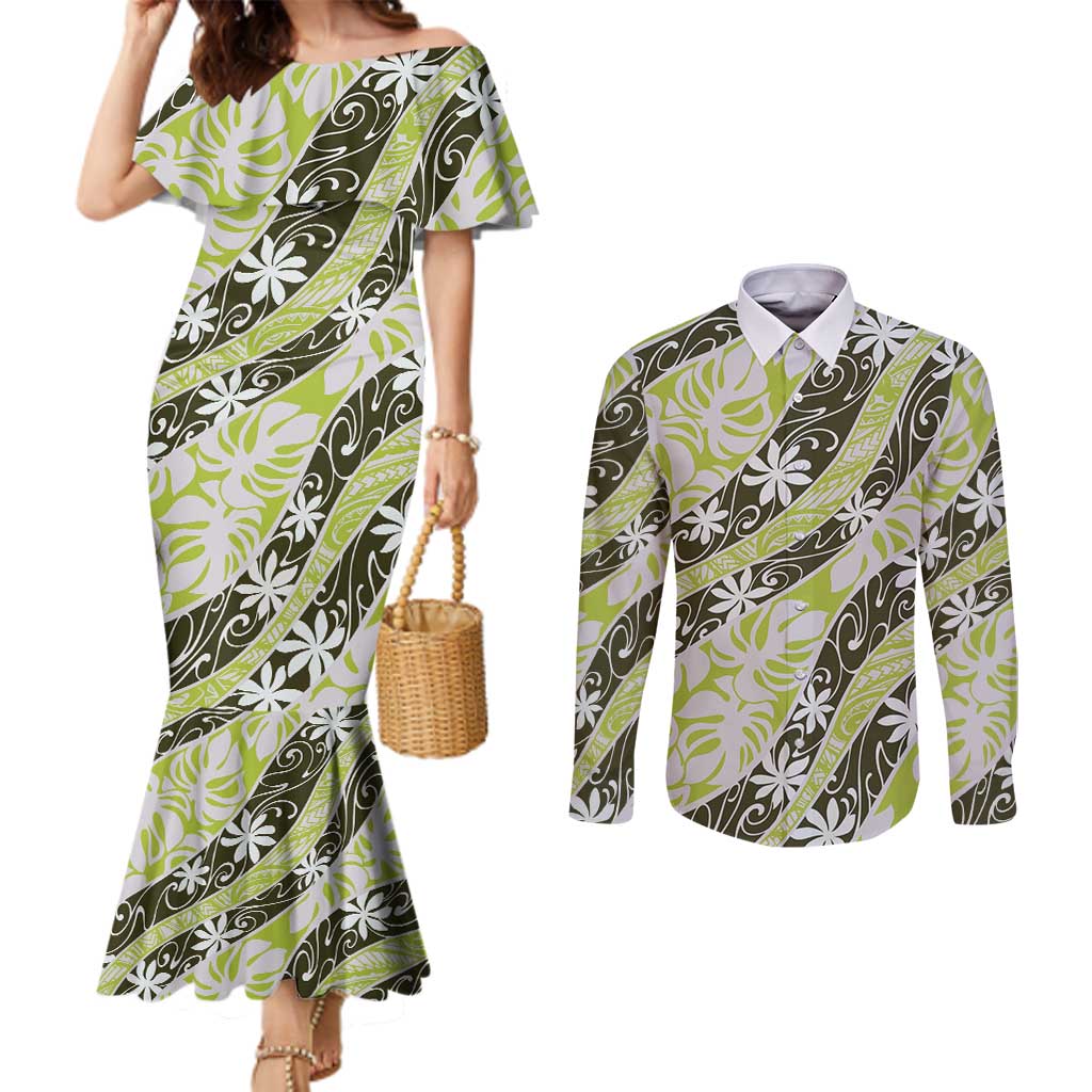 Olive Tahiti Tiare Monstera Couples Matching Mermaid Dress and Long Sleeve Button Shirt Polynesian Pattern Curve Style - Polynesian Pride