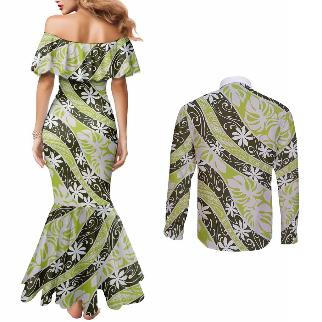 Olive Tahiti Tiare Monstera Couples Matching Mermaid Dress and Long Sleeve Button Shirt Polynesian Pattern Curve Style - Polynesian Pride