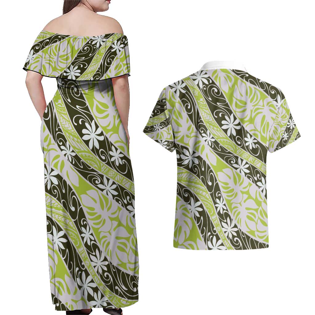 Olive Tahiti Tiare Monstera Couples Matching Off Shoulder Maxi Dress and Hawaiian Shirt Polynesian Pattern Curve Style - Polynesian Pride