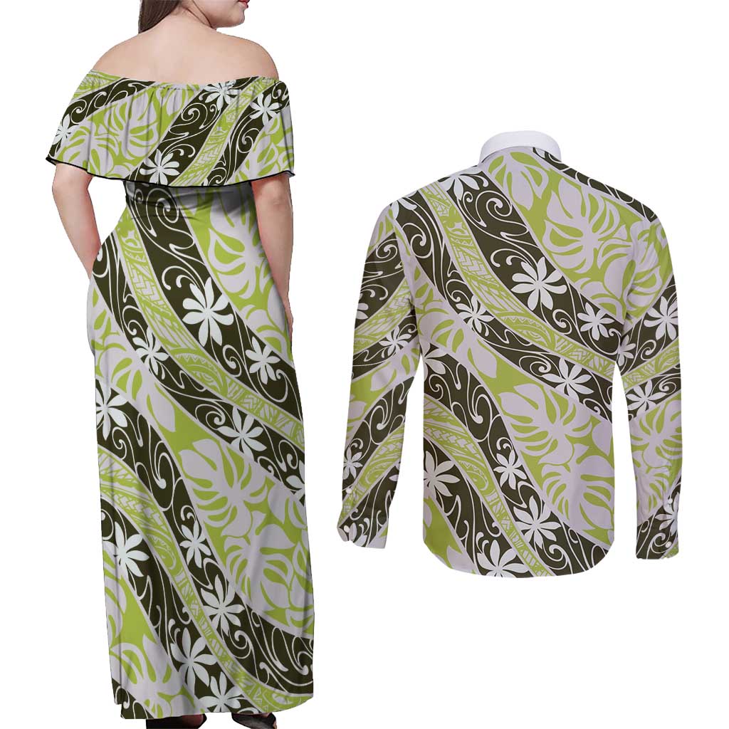Olive Tahiti Tiare Monstera Couples Matching Off Shoulder Maxi Dress and Long Sleeve Button Shirt Polynesian Pattern Curve Style - Polynesian Pride