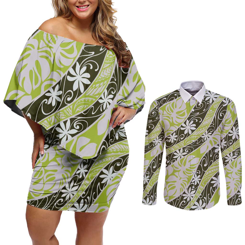 Olive Tahiti Tiare Monstera Couples Matching Off Shoulder Short Dress and Long Sleeve Button Shirt Polynesian Pattern Curve Style - Polynesian Pride