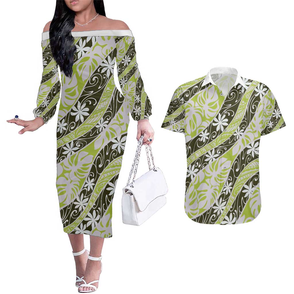 Olive Tahiti Tiare Monstera Couples Matching Off The Shoulder Long Sleeve Dress and Hawaiian Shirt Polynesian Pattern Curve Style - Polynesian Pride