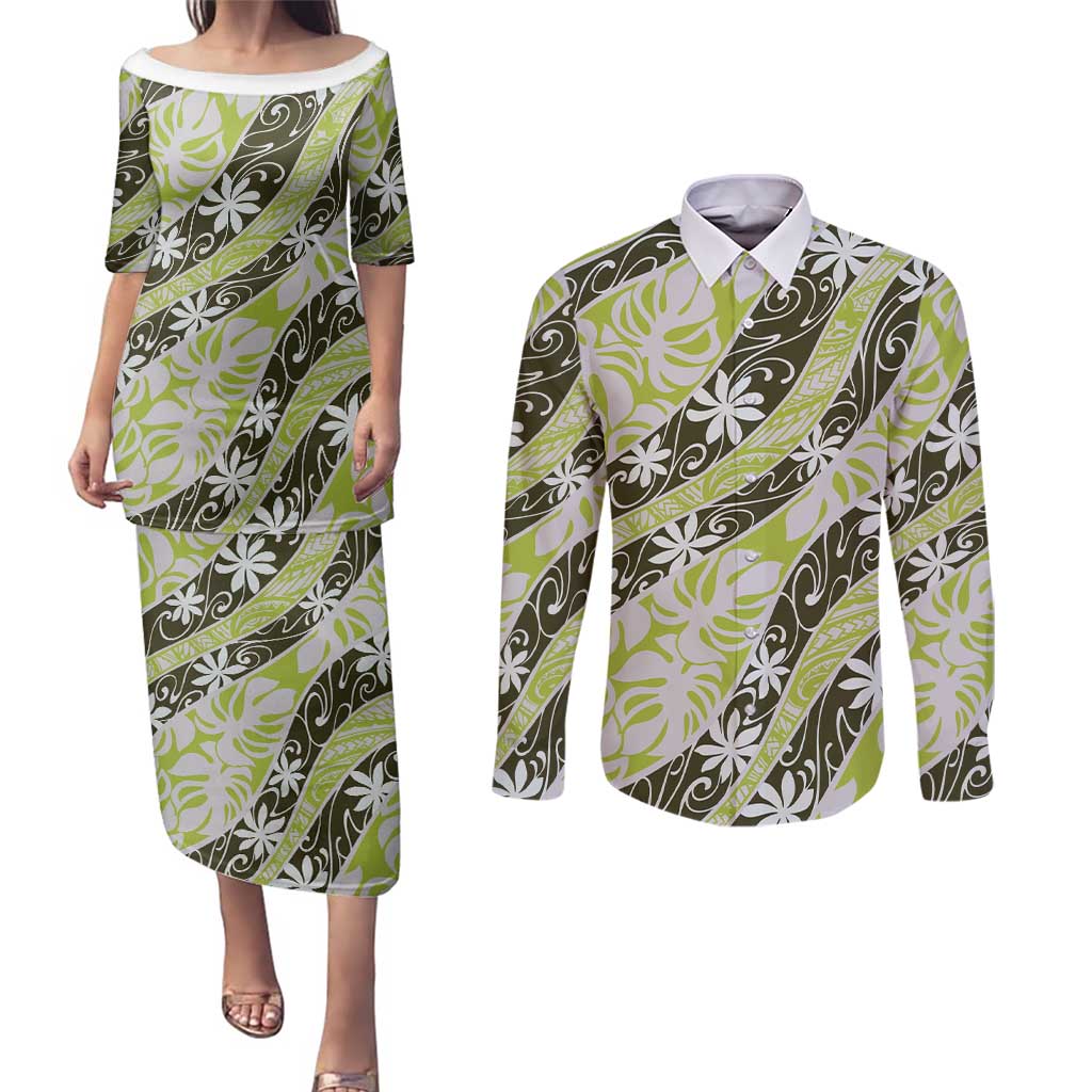 Olive Tahiti Tiare Monstera Couples Matching Puletasi and Long Sleeve Button Shirt Polynesian Pattern Curve Style - Polynesian Pride