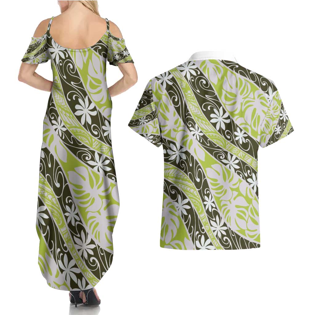 Olive Tahiti Tiare Monstera Couples Matching Summer Maxi Dress and Hawaiian Shirt Polynesian Pattern Curve Style - Polynesian Pride