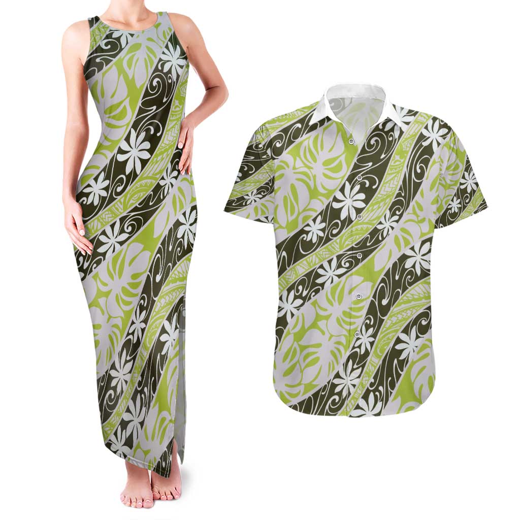 Olive Tahiti Tiare Monstera Couples Matching Tank Maxi Dress and Hawaiian Shirt Polynesian Pattern Curve Style - Polynesian Pride