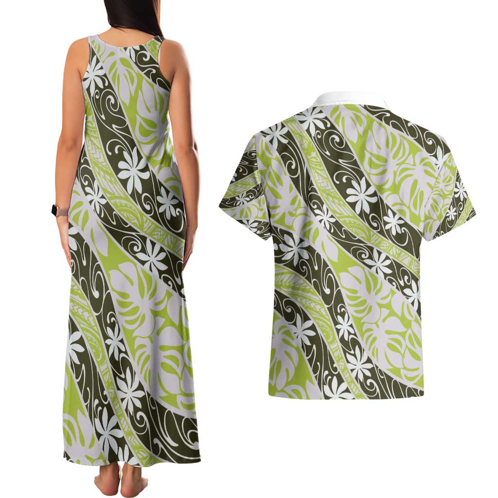 Olive Tahiti Tiare Monstera Couples Matching Tank Maxi Dress and Hawaiian Shirt Polynesian Pattern Curve Style - Polynesian Pride