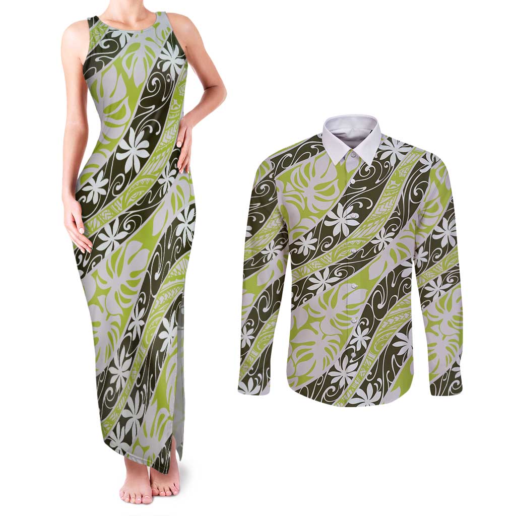 Olive Tahiti Tiare Monstera Couples Matching Tank Maxi Dress and Long Sleeve Button Shirt Polynesian Pattern Curve Style - Polynesian Pride