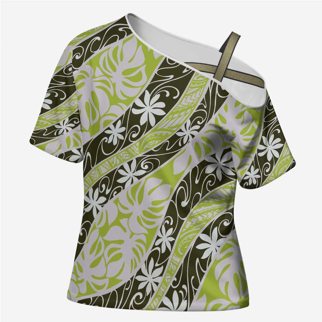 Olive Tahiti Tiare Monstera Cross Shoulder Shirt Polynesian Pattern Curve Style - Polynesian Pride