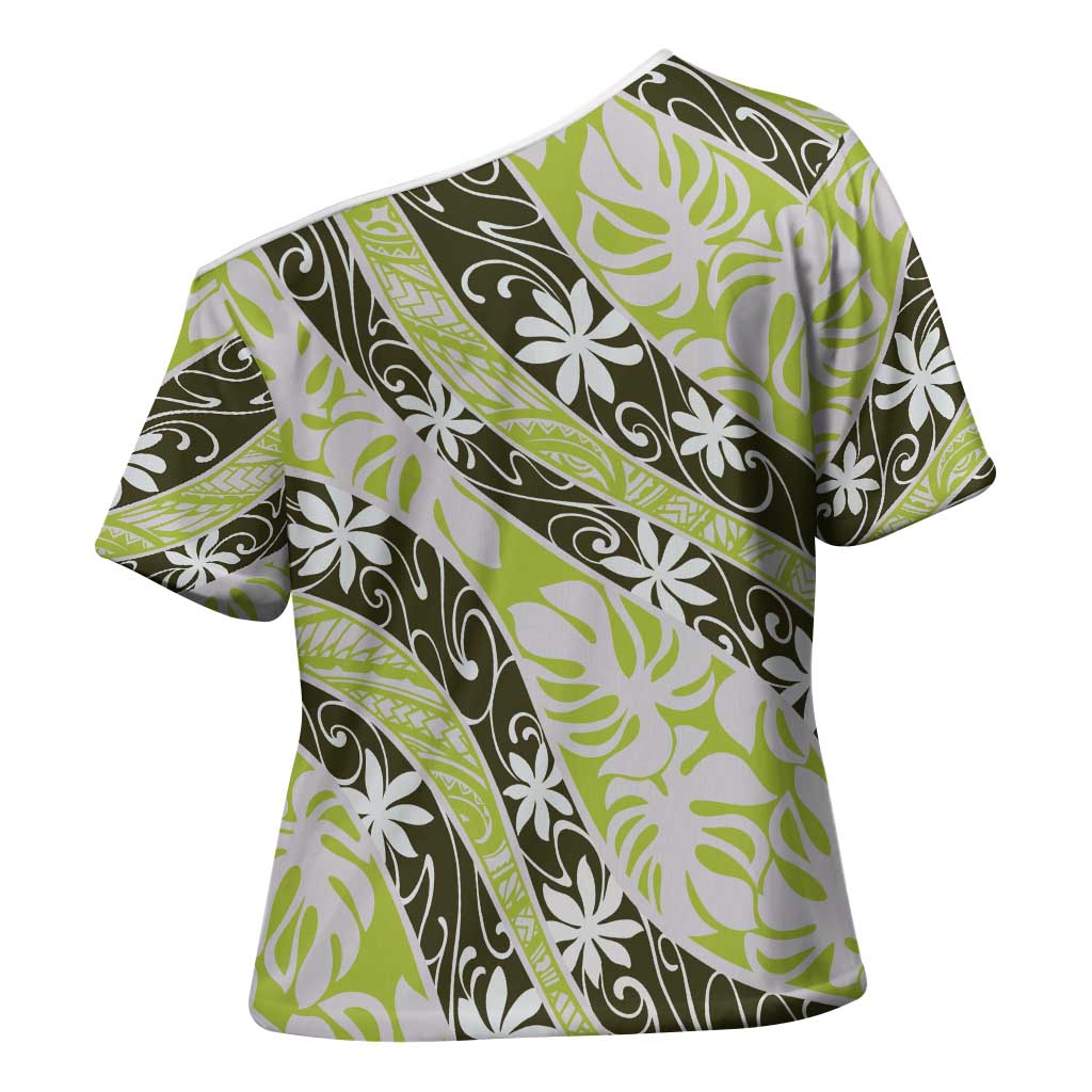 Olive Tahiti Tiare Monstera Cross Shoulder Shirt Polynesian Pattern Curve Style - Polynesian Pride