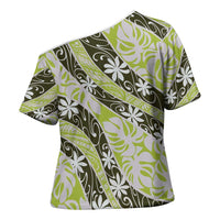 Olive Tahiti Tiare Monstera Cross Shoulder Shirt Polynesian Pattern Curve Style - Polynesian Pride
