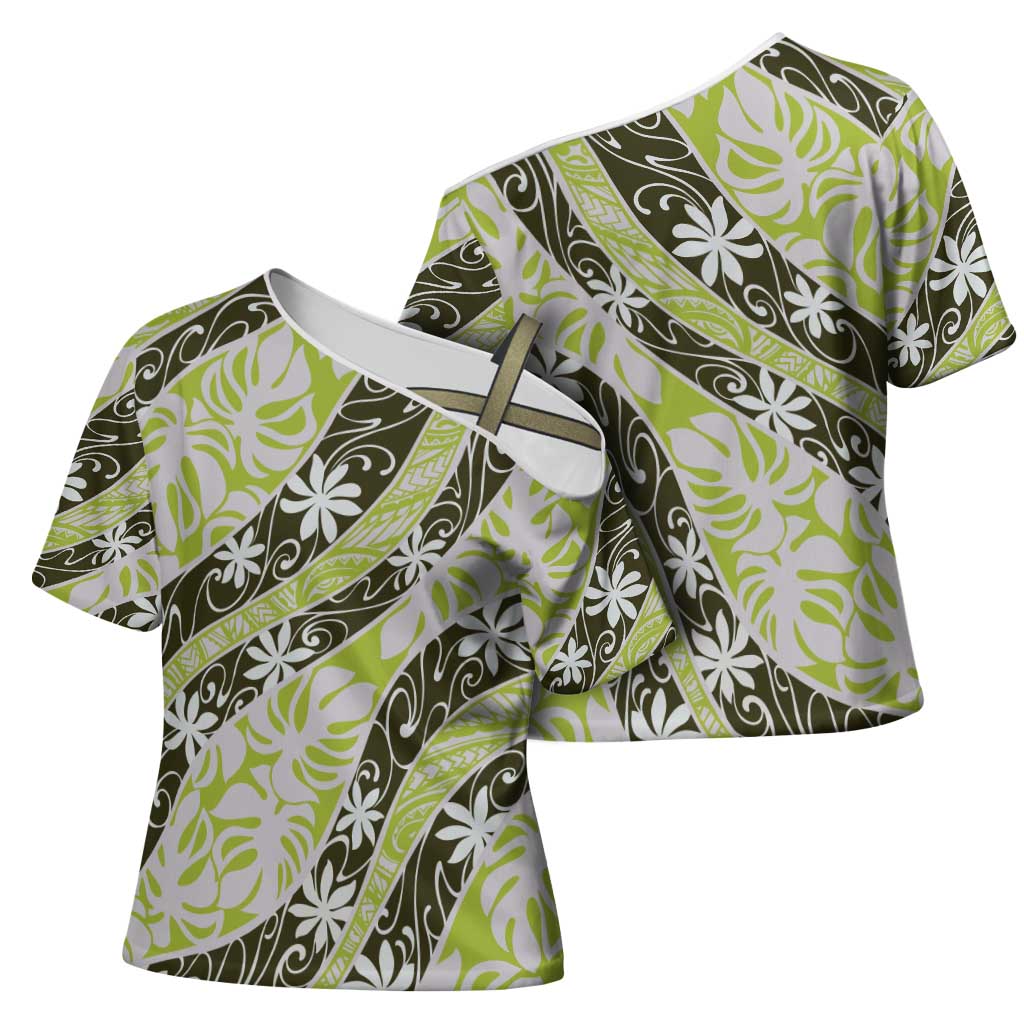 Olive Tahiti Tiare Monstera Cross Shoulder Shirt Polynesian Pattern Curve Style - Polynesian Pride