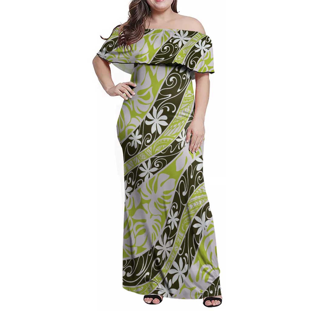 Olive Tahiti Tiare Monstera Family Matching Off Shoulder Maxi Dress and Hawaiian Shirt Polynesian Pattern Curve Style - Polynesian Pride
