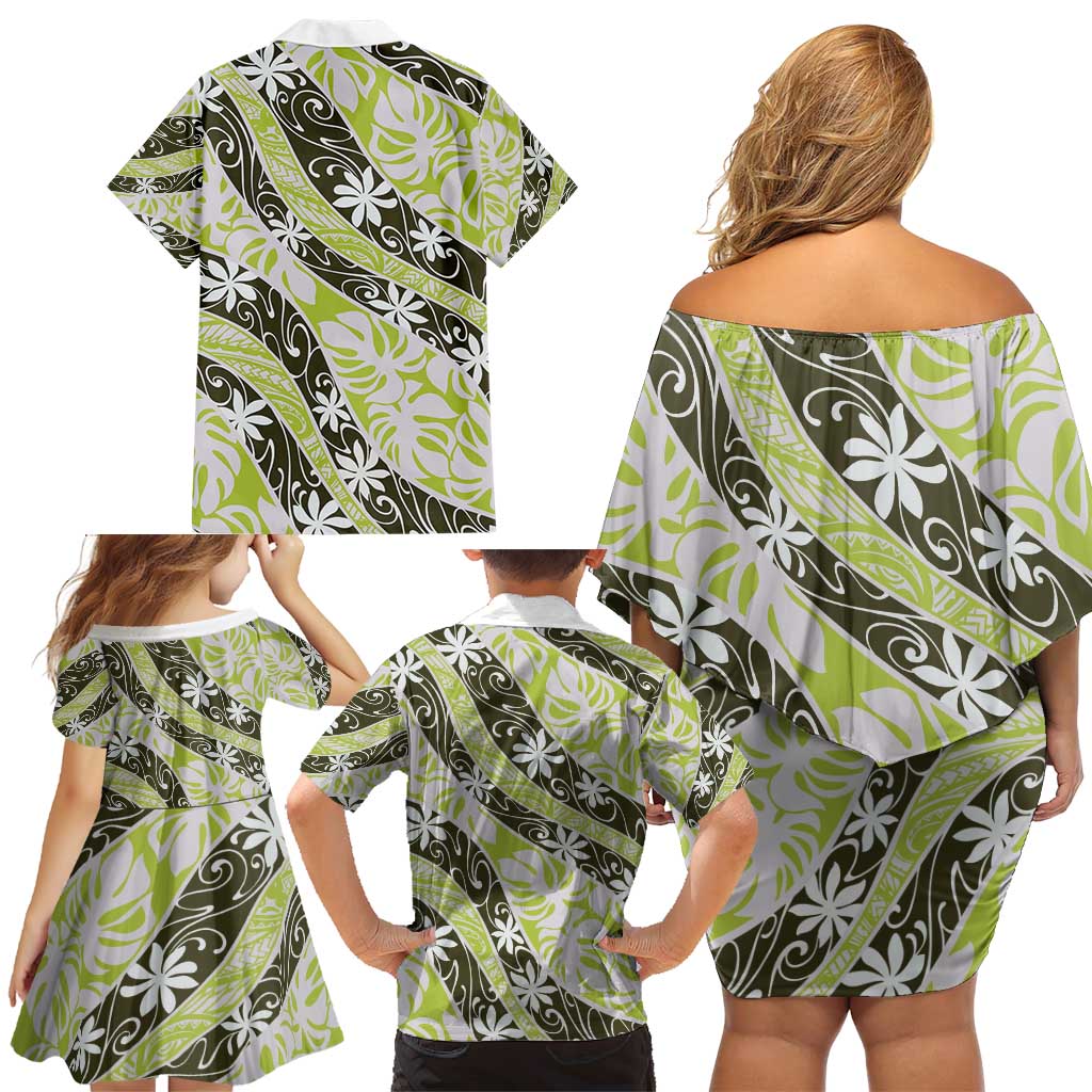 Olive Tahiti Tiare Monstera Family Matching Off Shoulder Short Dress and Hawaiian Shirt Polynesian Pattern Curve Style - Polynesian Pride